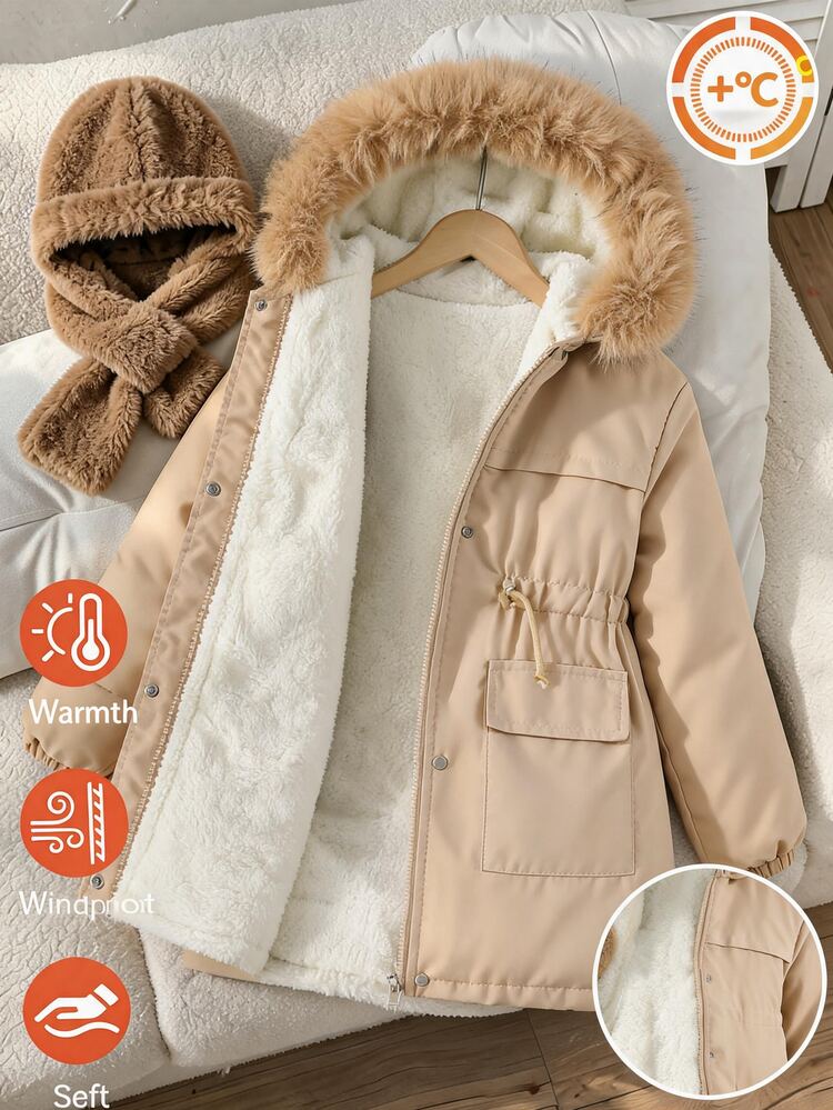 SHEIN Tween Girl Long Sleeve Fleece Winter Fashion Mid-Length Hooded Cinched Waist Thermal Lined Padded Coat Loose Fit School Off-White Modest Graphic - Apricot - View 3