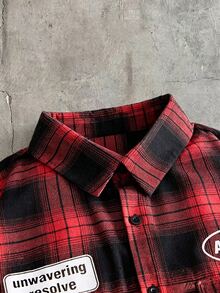 AXEPEAK 男士格紋印花字母拼接裝飾翻蓋口袋襯衫 - 紅色 - 查看 5