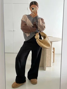 DAZY 格子宽松长袖圆领女式毛衣、秋装、长袖上衣 - 棕色 - 查看 5