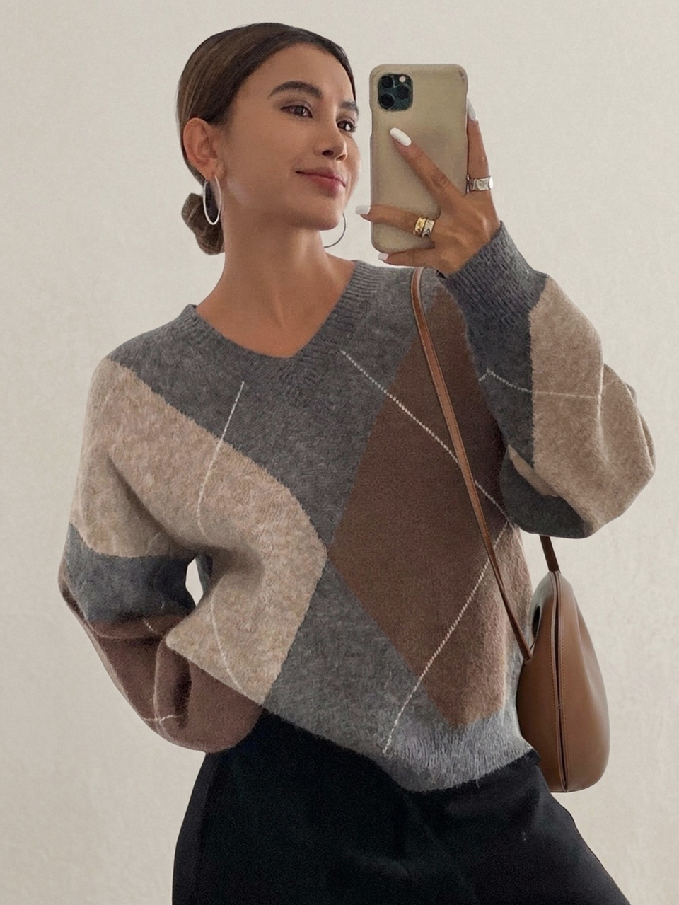 Plaid Loose Long Sleeve Crew Neck Women Sweater, Fall Clothes,Long Sleeve Tops