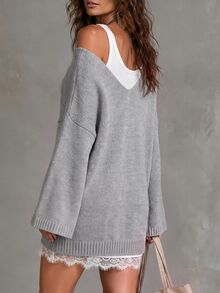 Solivie Women's Autumn Light Gray Knit Dress With Lace Trim - Light Grey - View 5