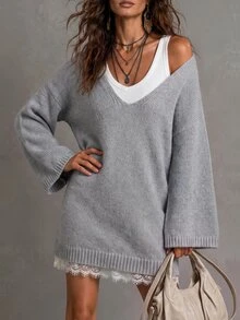 Solivie Women's Autumn Light Gray Knit Dress With Lace Trim - Light Grey - View 7