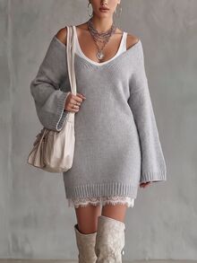 Solivie Women's Autumn Light Gray Knit Dress With Lace Trim - Light Grey - View 4