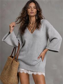 Solivie Women's Autumn Light Gray Knit Dress With Lace Trim - Light Grey - View 10