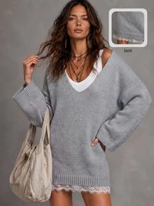 Solivie Women's Autumn Light Gray Knit Dress With Lace Trim - Light Grey - View 2