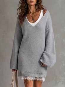 Solivie Women's Autumn Light Gray Knit Dress With Lace Trim - Light Grey - View 3
