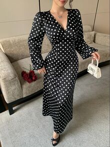 Feyla 女款 V 領波點與花卉印花休閒派對洋裝 - 黑色 - 查看 4