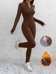 SHEIN Unity Autumn/Winter Zip-Up Long Sleeve Athleisure Seamless Lined Thermal Stretchy Jumpsuit Fall Cloth For Women - Brown - View 7