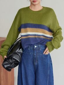 Dazy-Less Women's Striped Round Neck Drop Shoulder Long Sleeve Casual Loose Sweater Fall - Green - View 3