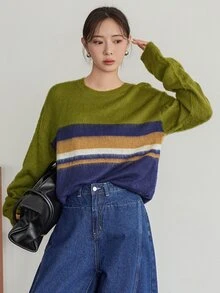 Dazy-Less Women's Striped Round Neck Drop Shoulder Long Sleeve Casual Loose Sweater Fall - Green - View 4