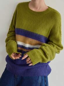 Dazy-Less Women's Striped Round Neck Drop Shoulder Long Sleeve Casual Loose Sweater Fall - Green - View 6