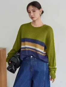Dazy-Less Women's Striped Round Neck Drop Shoulder Long Sleeve Casual Loose Sweater Fall - Green - View 1