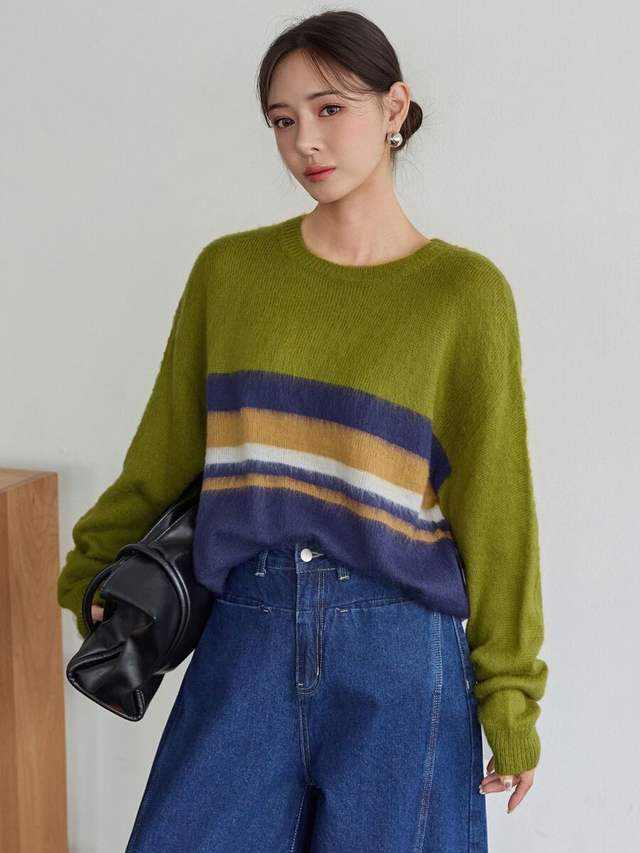 Dazy-Less Women's Striped Round Neck Drop Shoulder Long Sleeve Casual Loose Sweater Fall - Green - View 1