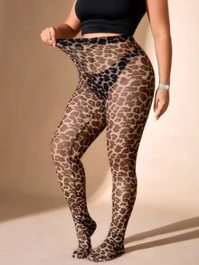 Cravure Plus Size Women's Elegant Vintage Leopard Print Tight Tights, Slimming Body-Hugging Footed Leggings - Brown - View 3