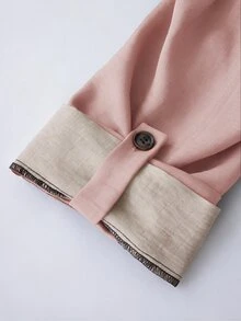 SHEIN Women's Elegant Soft Textured Color Block Shirt Half Open Neck Adjustable Cuff Daily Relaxed Top - Pink - View 6