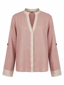 SHEIN Women's Elegant Soft Textured Color Block Shirt Half Open Neck Adjustable Cuff Daily Relaxed Top - Pink - View 8