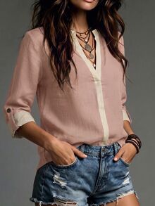 SHEIN Women's Elegant Soft Textured Color Block Shirt Half Open Neck Adjustable Cuff Daily Relaxed Top - Pink - View 3
