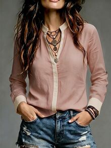 SHEIN Women's Elegant Soft Textured Color Block Shirt Half Open Neck Adjustable Cuff Daily Relaxed Top - Pink - View 4