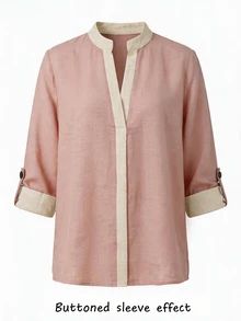 SHEIN Women's Elegant Soft Textured Color Block Shirt Half Open Neck Adjustable Cuff Daily Relaxed Top - Pink - View 7