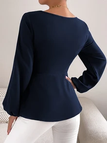 SHEIN 灯笼袖系带荷叶边衬衫 荷叶边上衣 - 藏蓝色 - 查看 3
