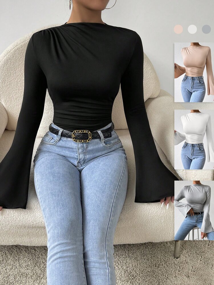SHEIN بوديسويت كاجوال نسائي بطيات مطبوعة مع أكمام جرسية - بني - مشاهدة 1