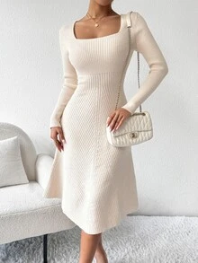 RosyDaze Solid Color Square Collar Ribbed Knit Casual Long Sleeve Dress Fall Winter Cloth For Women - Apricot - View 6