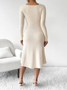 RosyDaze Solid Color Square Collar Ribbed Knit Casual Long Sleeve Dress Fall Winter Cloth For Women - Apricot - View 2