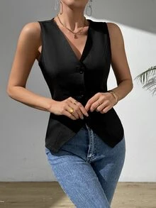 RosyDaze Women's Casual Sleeveless Split Vest Waistcoat - Black - View 4