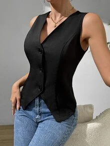 RosyDaze Women's Casual Sleeveless Split Vest Waistcoat - Black - View 3