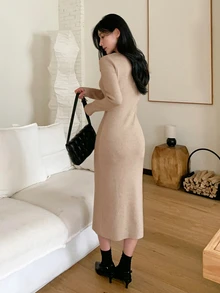 DAZY Women's Solid Color Square Neck Long Sleeve Fitted Elegant Knit Dress Fall - Apricot - View 7
