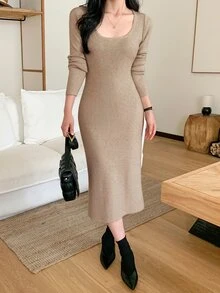 DAZY Women's Solid Color Square Neck Long Sleeve Fitted Elegant Knit Dress Fall - Apricot - View 2