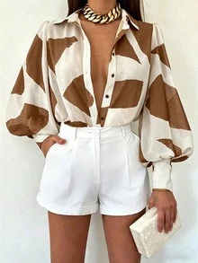 SHEIN Women's Color Block Single-Breasted Casual Versatile Daily Wear Shirt - Coffee Brown - View 4