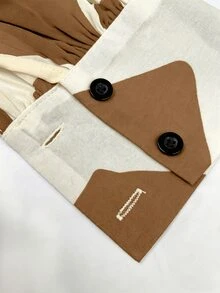SHEIN Women's Color Block Single-Breasted Casual Versatile Daily Wear Shirt - Coffee Brown - View 7