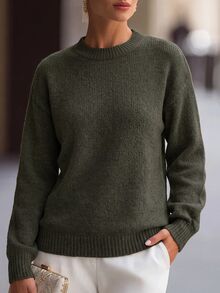 SHEIN Mock Neck Drop Shoulder Sweater,Long Sleeve Tops Knit Pullover Fall Winter Sweater - Dark Green - View 1