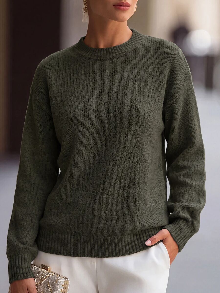 SHEIN Mock Neck Drop Shoulder Sweater,Long Sleeve Tops Knit Pullover Fall Winter Sweater - Dark Green - View 1