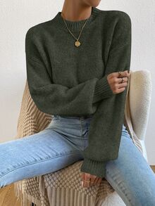 SHEIN Mock Neck Drop Shoulder Sweater,Long Sleeve Tops Knit Pullover Fall Winter Sweater - Dark Green - View 7