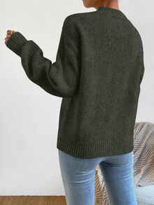 SHEIN Mock Neck Drop Shoulder Sweater,Long Sleeve Tops Knit Pullover Fall Winter Sweater - Dark Green - View 2