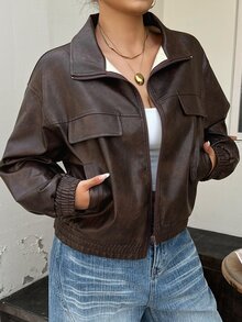 Dazy Plus PU Leather Loose Motorcycle Blogger Casual Jacket Spring/Autumn New Brown - Brown - View 7