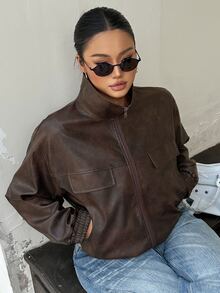 Dazy Plus PU Leather Loose Motorcycle Blogger Casual Jacket Spring/Autumn New Brown - Brown - View 4