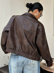Dazy Plus PU Leather Loose Motorcycle Blogger Casual Jacket Spring/Autumn New Brown - Brown - View 2