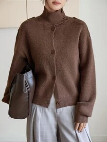 Dazy-Less Women's Solid Color Casual Versatile Daily Cardigan Fall - Brown - View 5