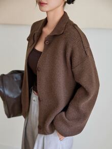 Dazy-Less Women's Solid Color Casual Versatile Daily Cardigan Fall - Brown - View 7