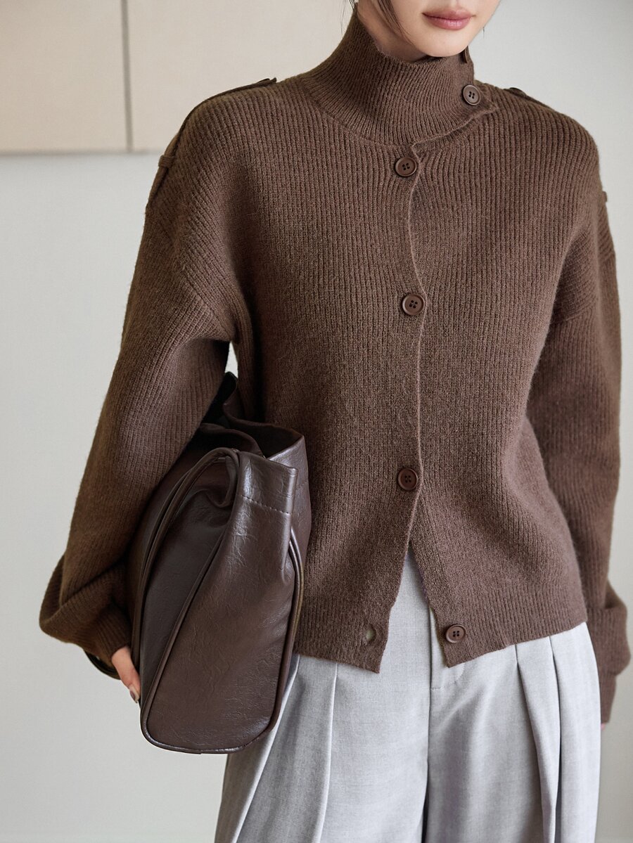 Dazy-Less Women's Solid Color Casual Versatile Daily Cardigan Fall - Brown - View 1