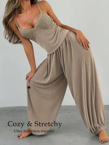 Dazy Plus 2pcs Lace Patchwork Camisole & Lantern Pants Loungewear Pajama Set - Khaki - View 1