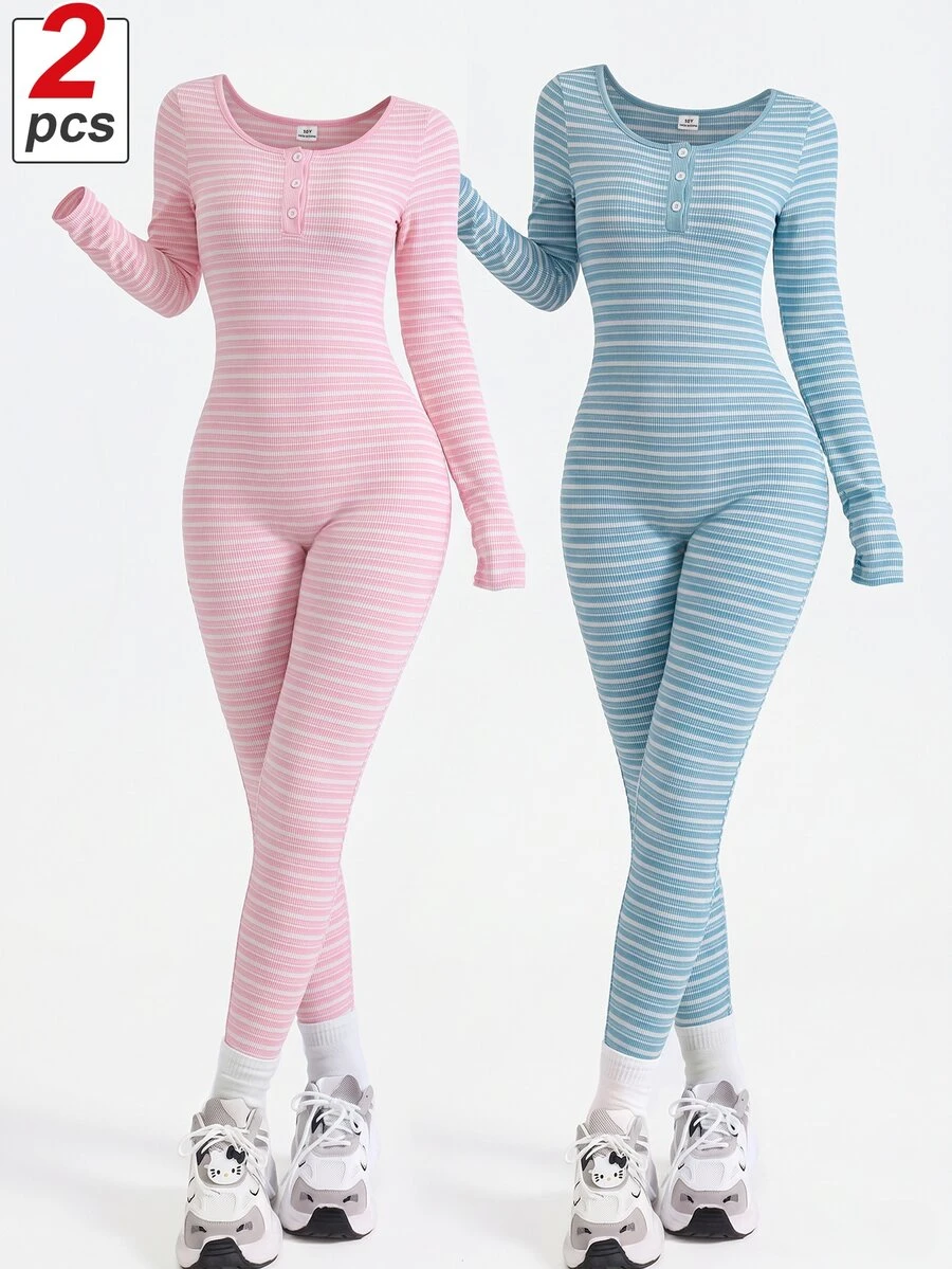 SHEIN Tween Girl Long Sleeve Jumpsuit, Daily Casual Basic Pink And White Striped Blue Striped Autumn