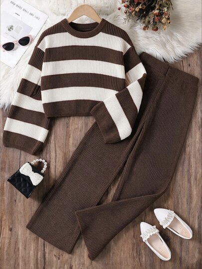 SHEIN Girls' Winter Knit 2 Pieces Set, Fashion Casual Black And White Striped Sweater And Knit Pants Outfit
