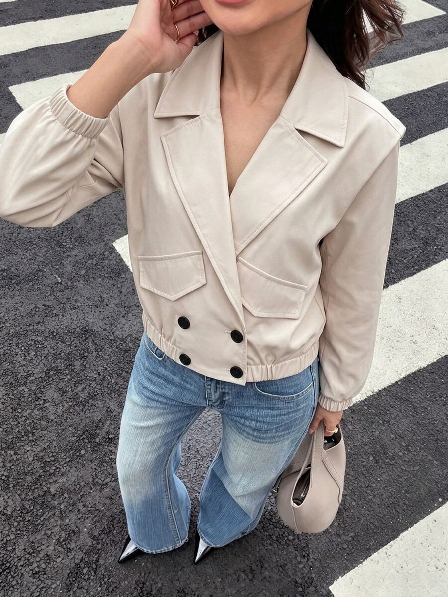 Struktiv Jaket Kerah Berkerah Model Double Breasted Warna Beige untuk Sehari-hari di Musim Gugur, Gaya Prancis Elegan - Aprikot - View 1