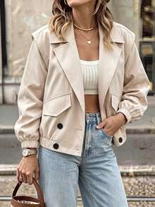Struktiv Jaket Kerah Berkerah Model Double Breasted Warna Beige untuk Sehari-hari di Musim Gugur, Gaya Prancis Elegan - Aprikot - View 3