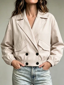 Struktiv Jaket Kerah Berkerah Model Double Breasted Warna Beige untuk Sehari-hari di Musim Gugur, Gaya Prancis Elegan - Aprikot - View 6
