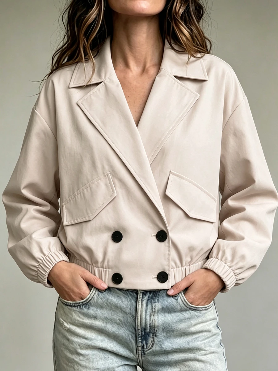 Struktiv Lapel Neck Double Breasted Jacket Everyday Beige Autumn French Elegant - Apricot - View 1